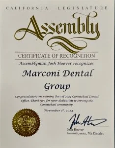 California Legislature Assembly Certificate of Recognition — Best of 2024 Carmichael Dental Office